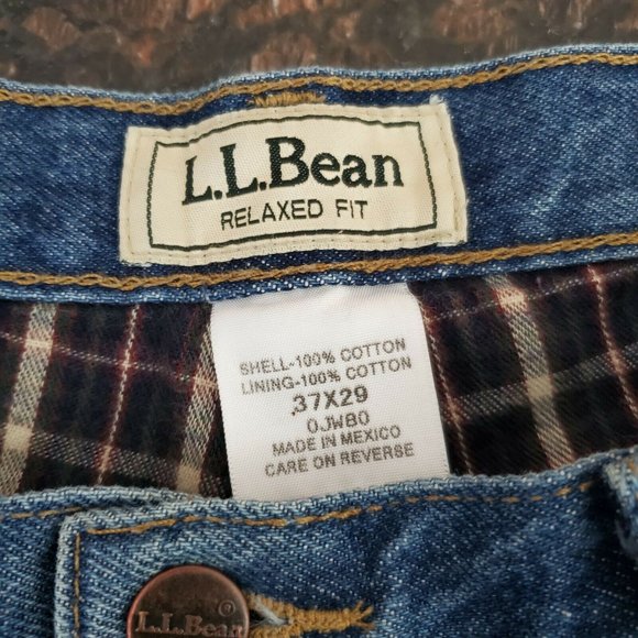 LL Bean Plaid Flannel Lined Jeans 37X29 Relaxed Fit 100% Cotton Blue Denim Pants - Picture 3 of 7